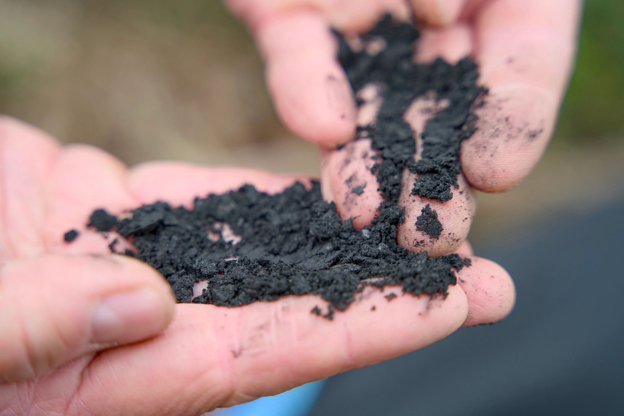 Close-up of biochar mixed into soil